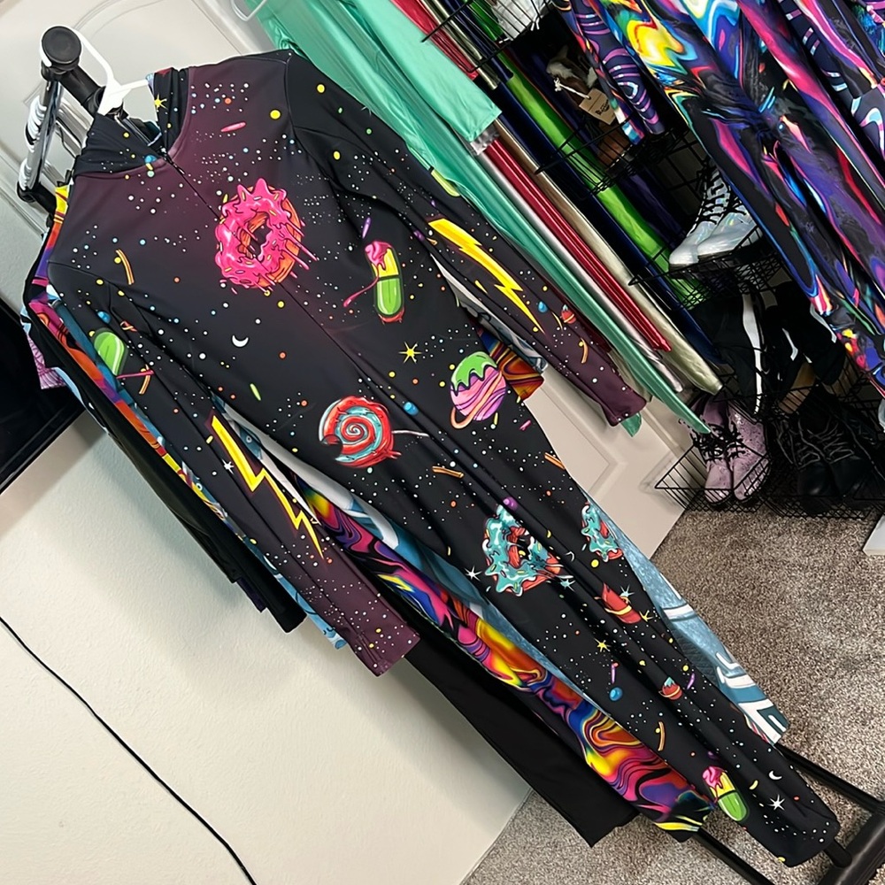 Badinka Catsuit Jumpsuit Bodysuit Rave Wear Candy Space Hooded Skinsuit